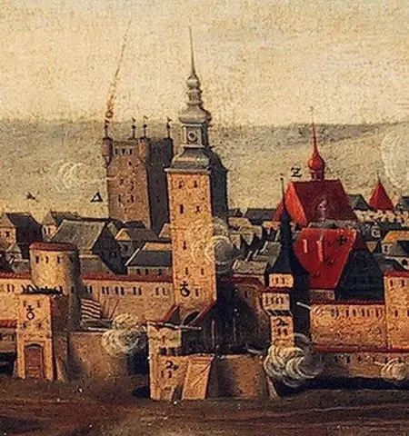 Veduta z obléhání Brna Švédy v roce 1645 - Měnínská brána