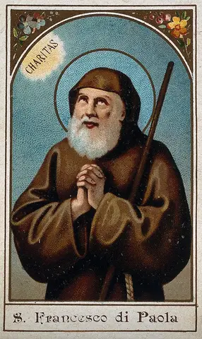Saint Francis of Paula praying with clasped hands. Stipple