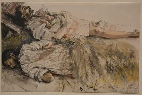 Adolph Menzel - Leichen-Kammer zu Koninginhof - Zwei gefallene Soldaten in einer Scheune (21 July 1866)