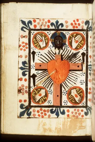 Holy Face, Holy Wounds and Instruments of the Passion: cross, lance, and nails
