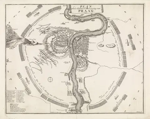 Plan van het beleg van Praag, 1742 Plan van de Stadt en de Beleegering van Praag. 1742 (titel op object), RP-P-1908-28