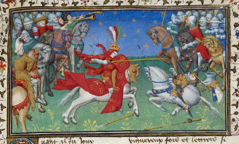 Alexander unhorsing Porrus - British Library Royal MS 20 B xx f53r (detail)