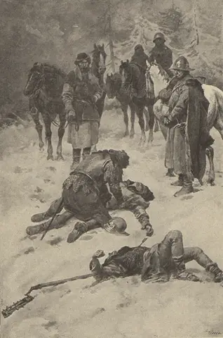 Věnek padl na kolena a objal naposledy svého druha... (Husitská nevěsta, 1924)