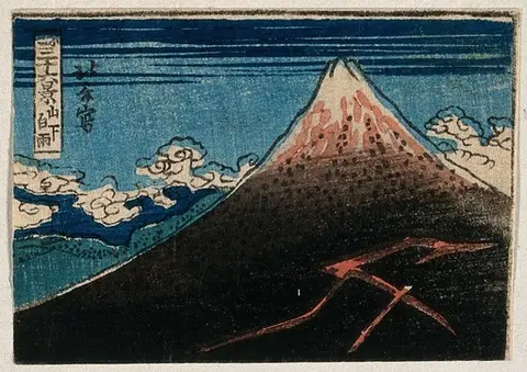 Four reductions of designs from Hokusai's thirty-six views of Mount Fuji. Woodcut, 185- (?).