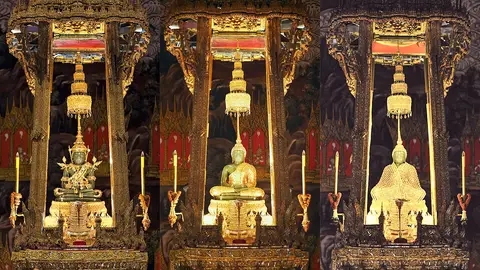 The Emerald Buddha adorned with three seasons regalia