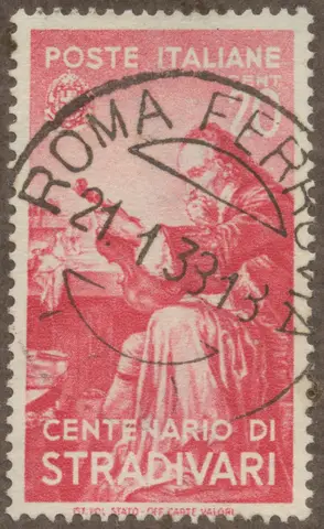 Frimärke ur Gösta Bodmans filatelistiska motivsamling, påbörjad 1950.
Frimärke från Italien, 1937. Motiv av Italiensk mästare i violinbygge i Cremona. Antonio Stradivari: ca 1648-1737. "200-årsminne av hans dör 1737-1937".