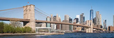 Brooklyn Bridge and the Lower Manhattan skyline from Pebble Beach, New York