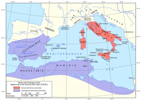 Map of Rome and Carthage at the start of the Second Punic War