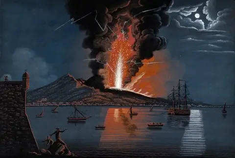 Mount Vesuvius erupting violently at night over the bay of Naples, with two spectators and a guard on watch from the castle in the foreground. Gouache painting.