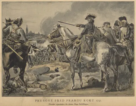 Hugo Schüllinger - Prusové před Prahou roku 1757 (Obrázkové dějiny národa českého, 1893)