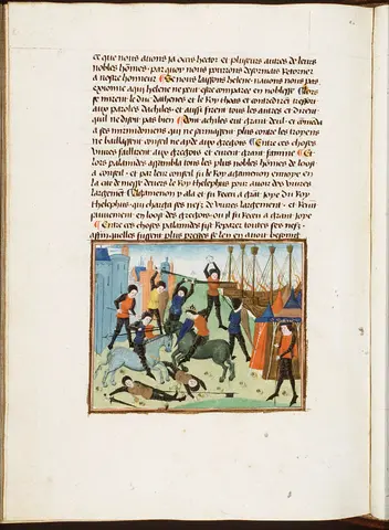 Battle between the Greeks and the Trojans; the Trojans set the Greek ships on fire